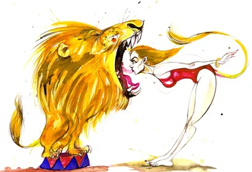 Zeichen des Tierkreises: Leotard Leo Dompteur aus einer Serie von Modekarikaturen, eine für jedes Sternzeichen